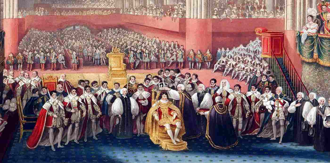 George IV coronation 1821 - crowning, closer view (Nayler book) 300 Westminster Abbey copyright photo.jpg
