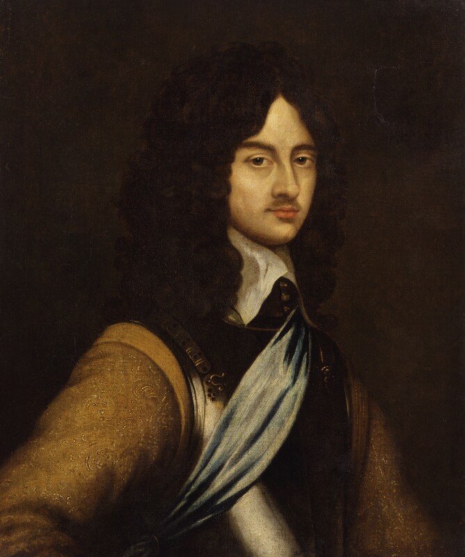Painting of Charles II wearing a light blue sash and patterned cloak