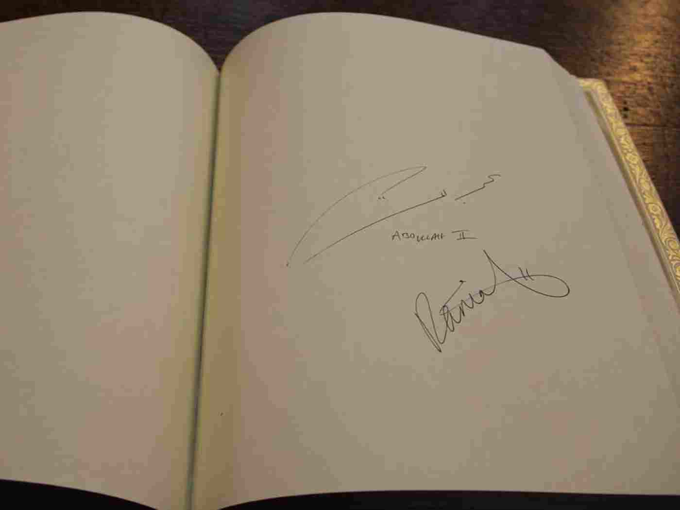 The signatures of King Abdullah II and Queen Rania in the Abbey's Distinguished Visitors' Book