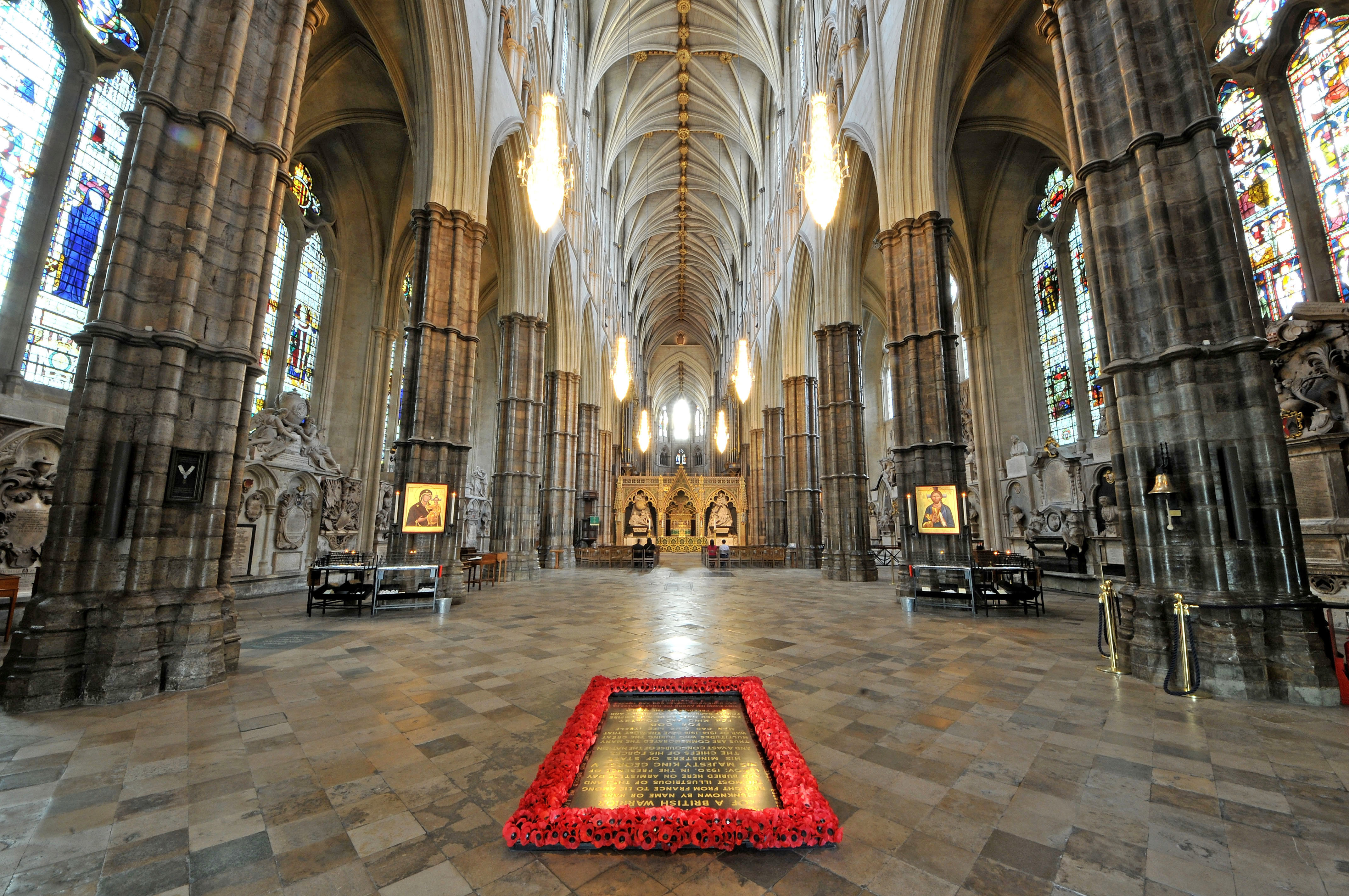 The nave of Westminster Abbey with the Grave of the Unknown Warrior in the foreground