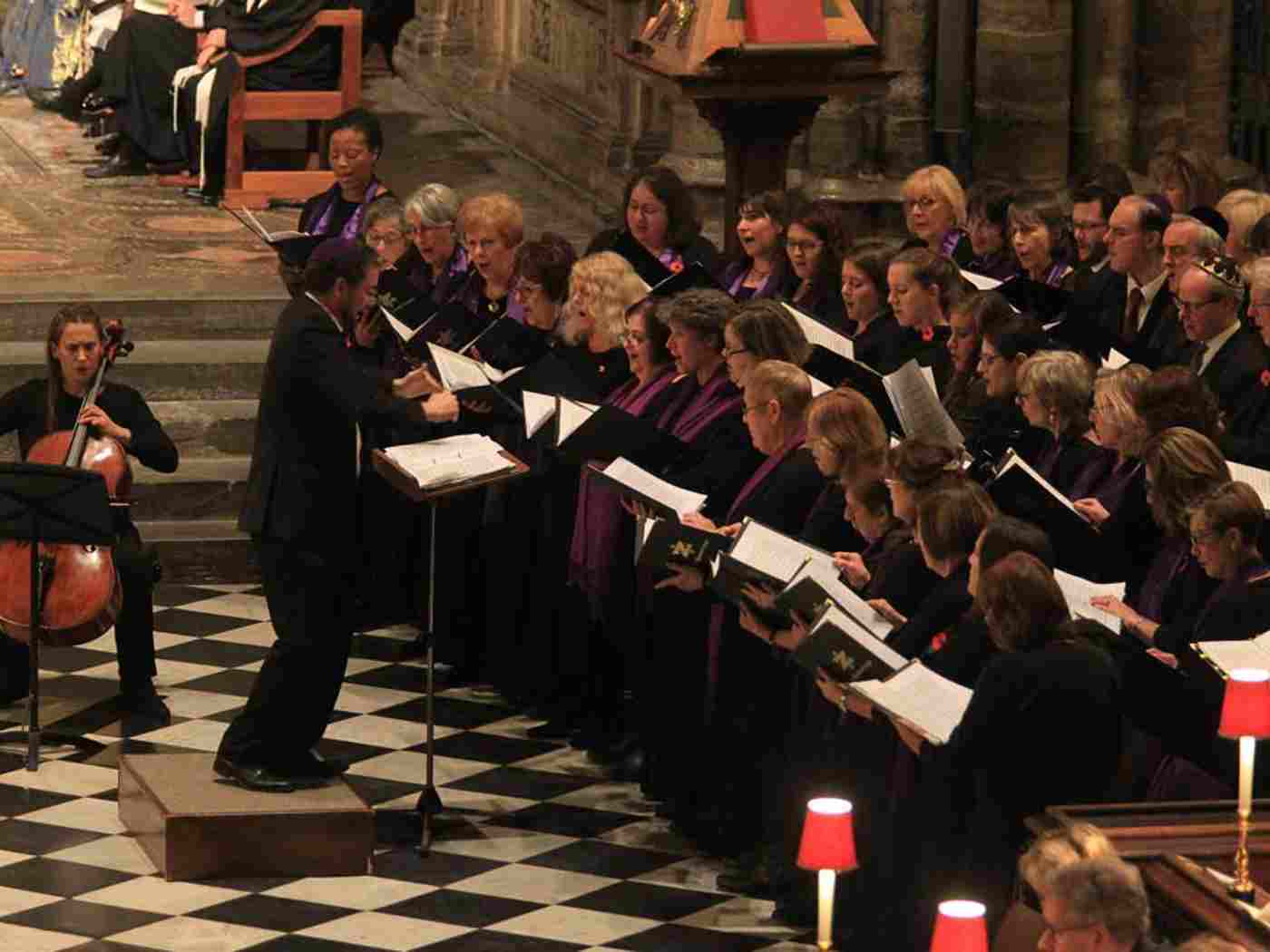 Shirley Vaughan, soprano, together with the Zemel Choir and the Choirs of Belsize Square Synagogue and West London Synagogue, accompanied by Gemma Rosefield, cellist, sings Through A Glass, Darkly