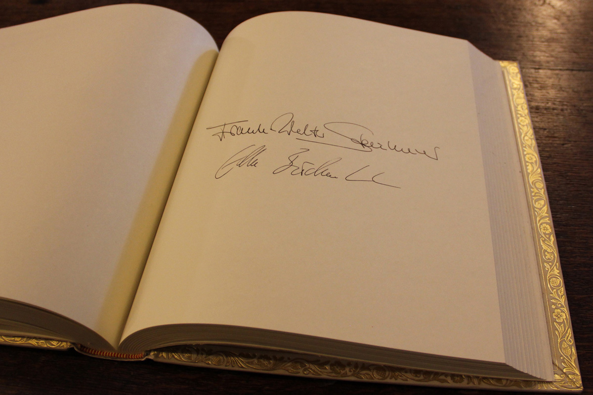 The signature of The President of Germany, His Excellency Dr Frank-Walter Steinmeier, and his wife Elke Budenbender in the Abbey's Distinguished Visitors' Book