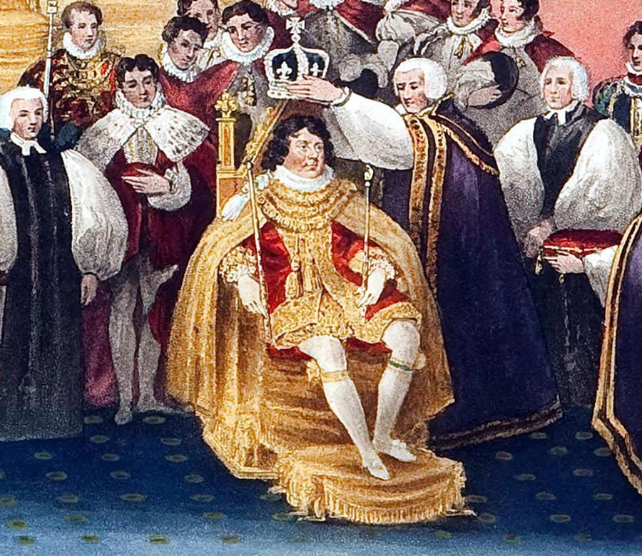 Depiction of the crowning of George IV, the king seated on the Coronation Chair