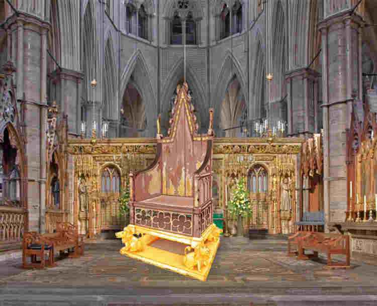 Illustration of the Coronation Chair overlaid onto a photograph of the High Altar and Cosmati Pavement, representing the third episode of Coronation Club