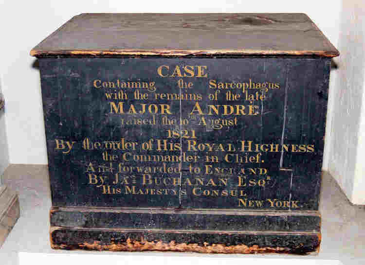 CASE containing the Sarcophagus with the remains of the late MAJOR ANDRE raised the 10th August 1821 by the order of HIS ROYAL HIGHNESS the Commander in Chief and forwarded to ENGLAND by Jas. BUCHANAN ESQr. HIS MAJESTY'S CONSUL NEW YORK.
