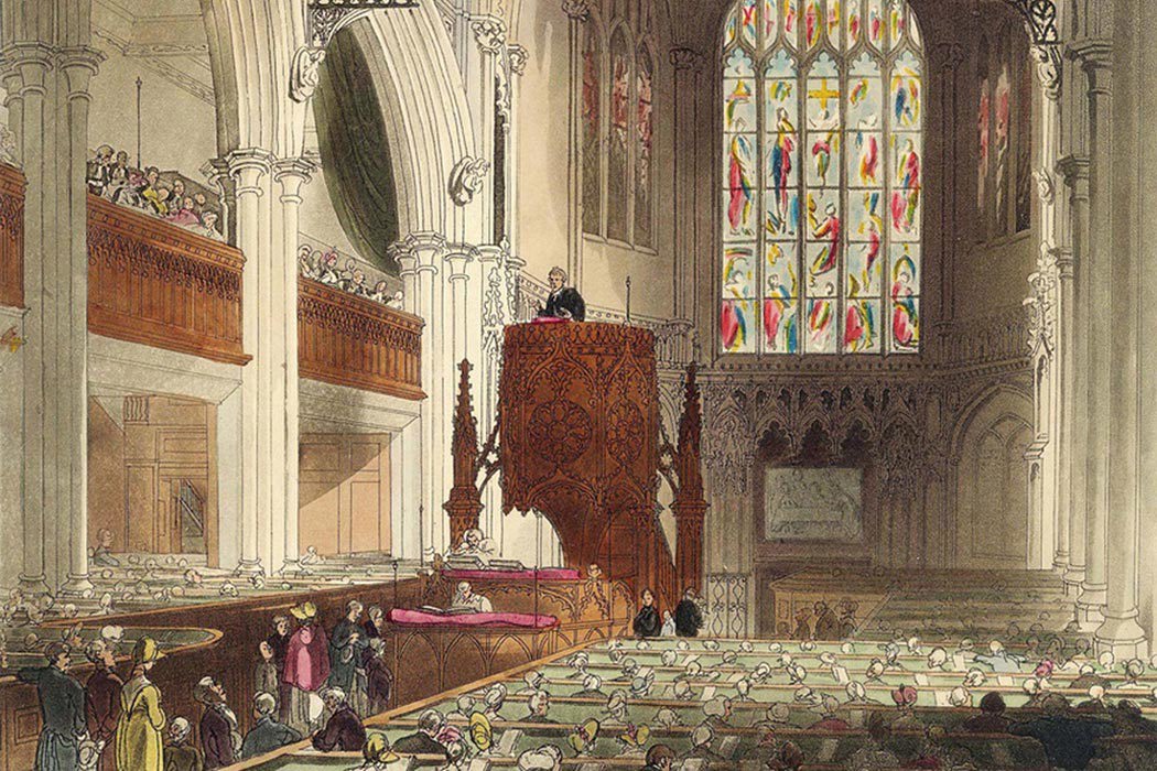 Engraving depicting a service in St Margaret's Westminster, circa 1809