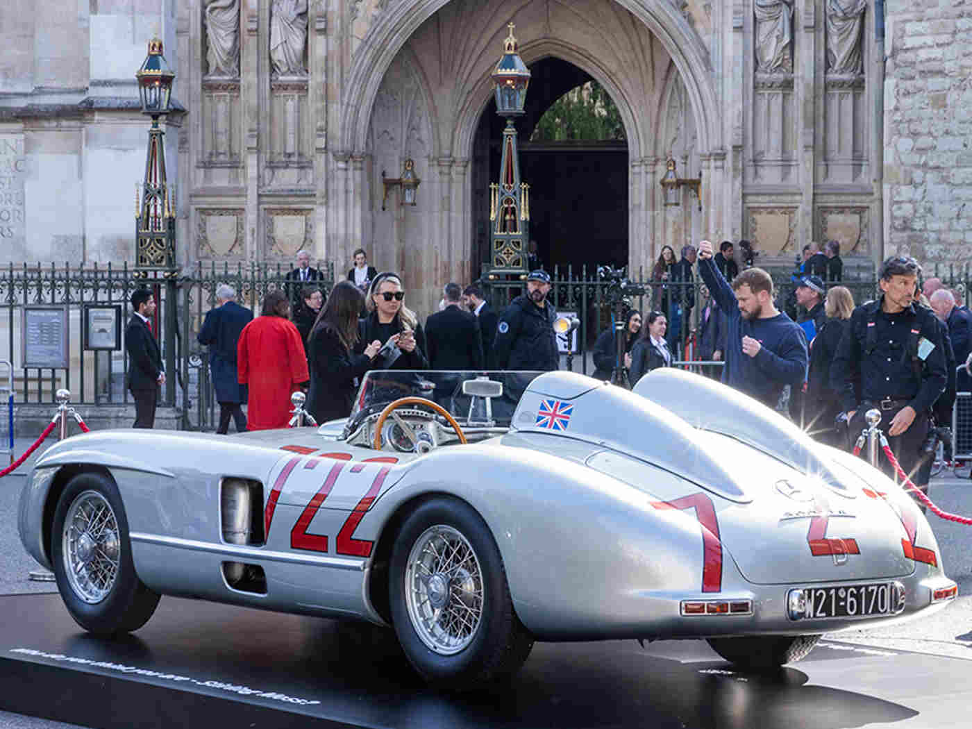 Some of the most famous cars piloted by Sir Stirling Moss were positioned outside the Abbey.