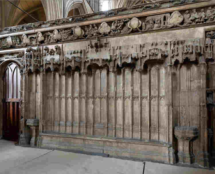 Photograph of the chapel screen depicting scenes from the life of St Edward the Confessor
