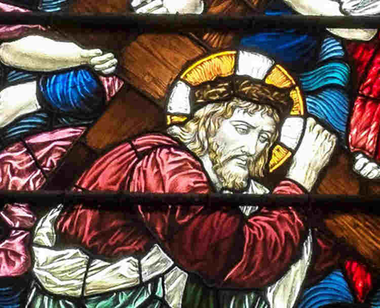 Photograph of Jesus Christ carrying the cross in a stained-glass window at Westminster Abbey