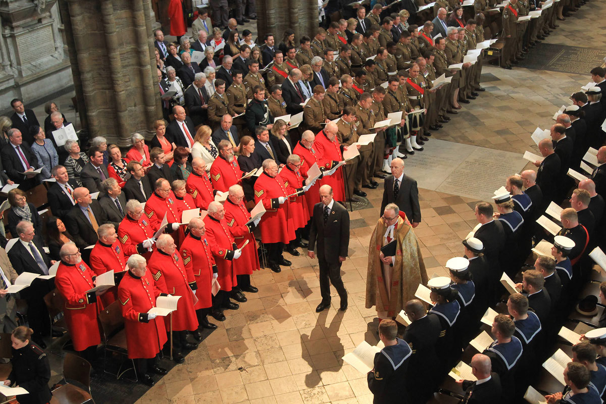 HRH The Duke of Kent and The Dean of Westminster, The Very Reverend Dr John Hall, process through the Abbey Church at the start of the service