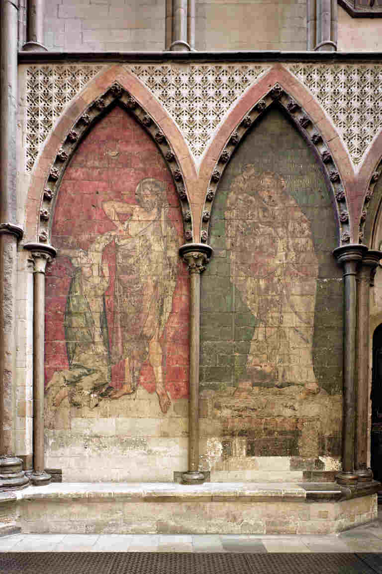 Medieval wall paintings of the Risen Christ with St Thomas and St Christopher bearing the Christ Child on his shoulder