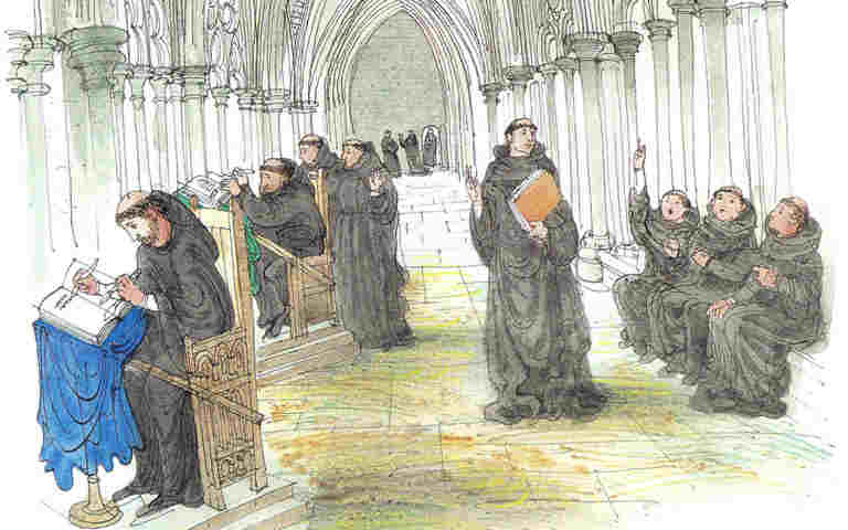Illustration of Benedictine monks in the Cloisters at Westminster Abbey, representing St Benedict's Rule