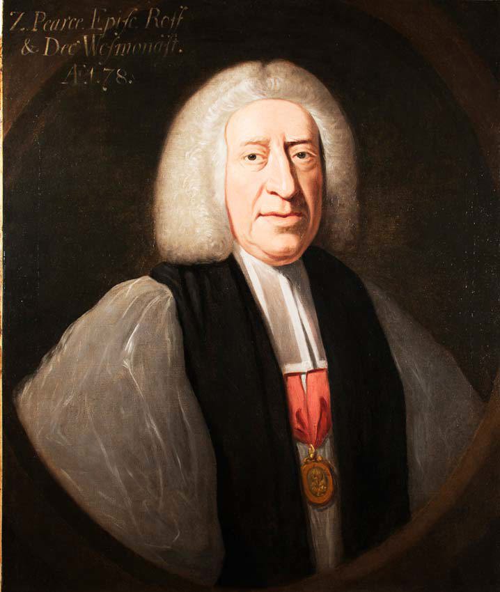 Painting of Zachary Pearce wearing a white shoulder-length wig and gold medal with a red ribbon