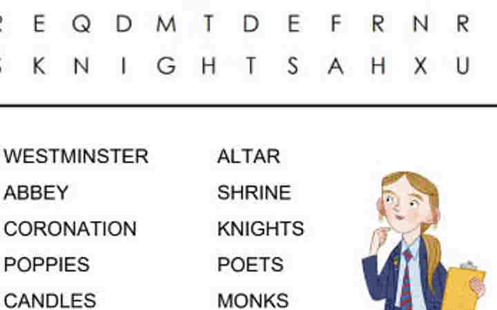 Photograph of a section of the wordsearch, words featuring in the wordsearch and an illustration of a child thinking