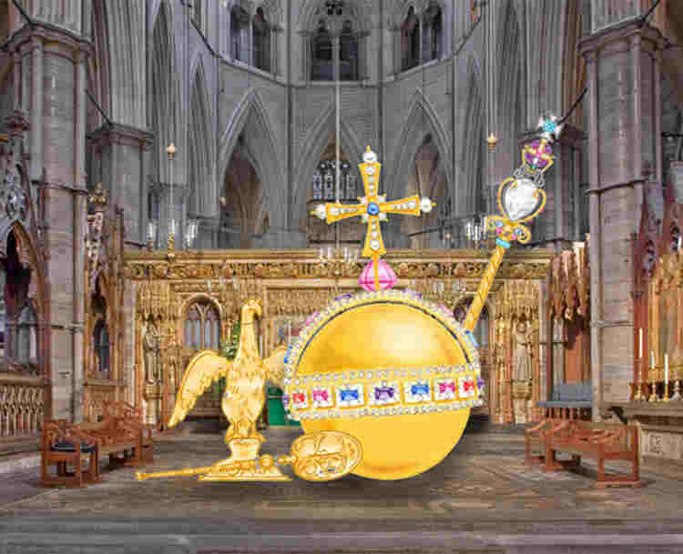 Illustration of orb, sceptre, ampulla and spoon overlaid onto a photograph of the High Altar and Cosmati Pavement at Westminster Abbey, representing the second episode of Coronation Club