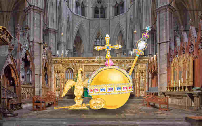Illustration of orb, sceptre, ampulla and spoon overlaid onto a photograph of the High Altar and Cosmati Pavement at Westminster Abbey, representing the second episode of Coronation Club