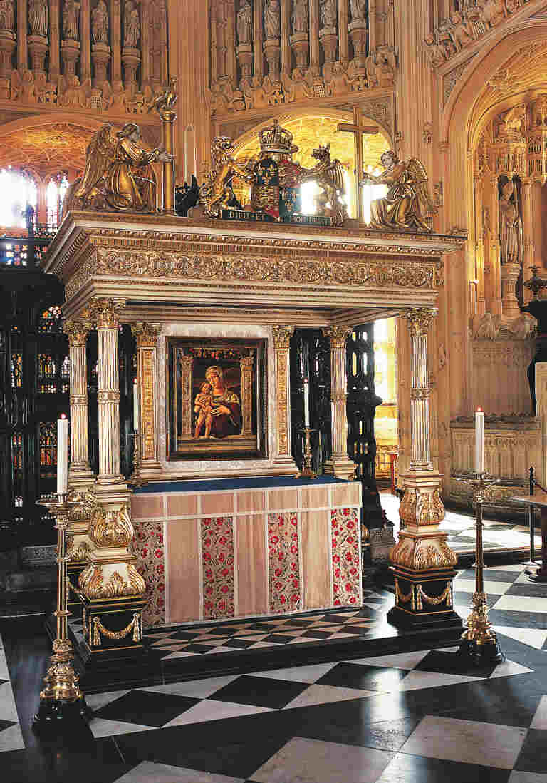 Altar in the Lady Chapel, Westminster Abbey, which includes a painting of the Virgin Mary and baby Jesus