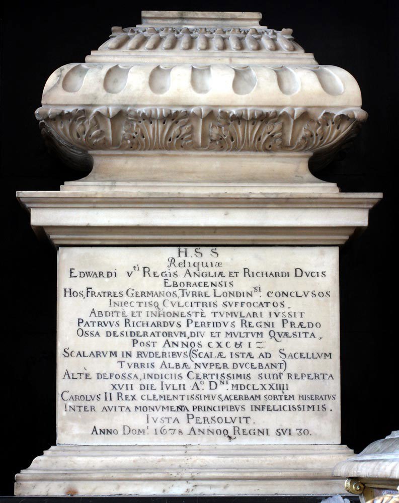 White marble urn with long inscription in Latin containing the supposed bones of Edward V and Richard, Duke of York