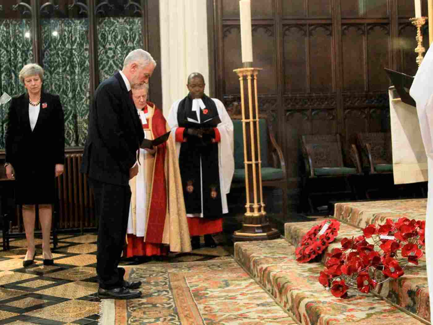Opposition Leader Jeremy Corbyn lays a wreath