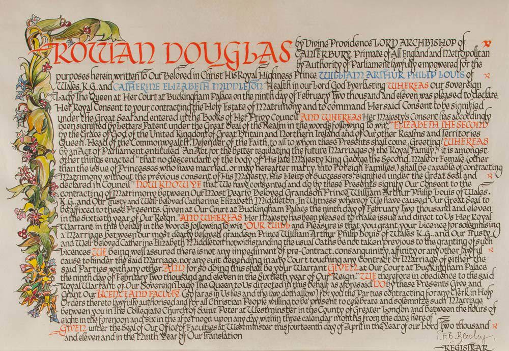 Marriage licence of Prince William of Wales and Miss Catherine Middleton, written in traditional language