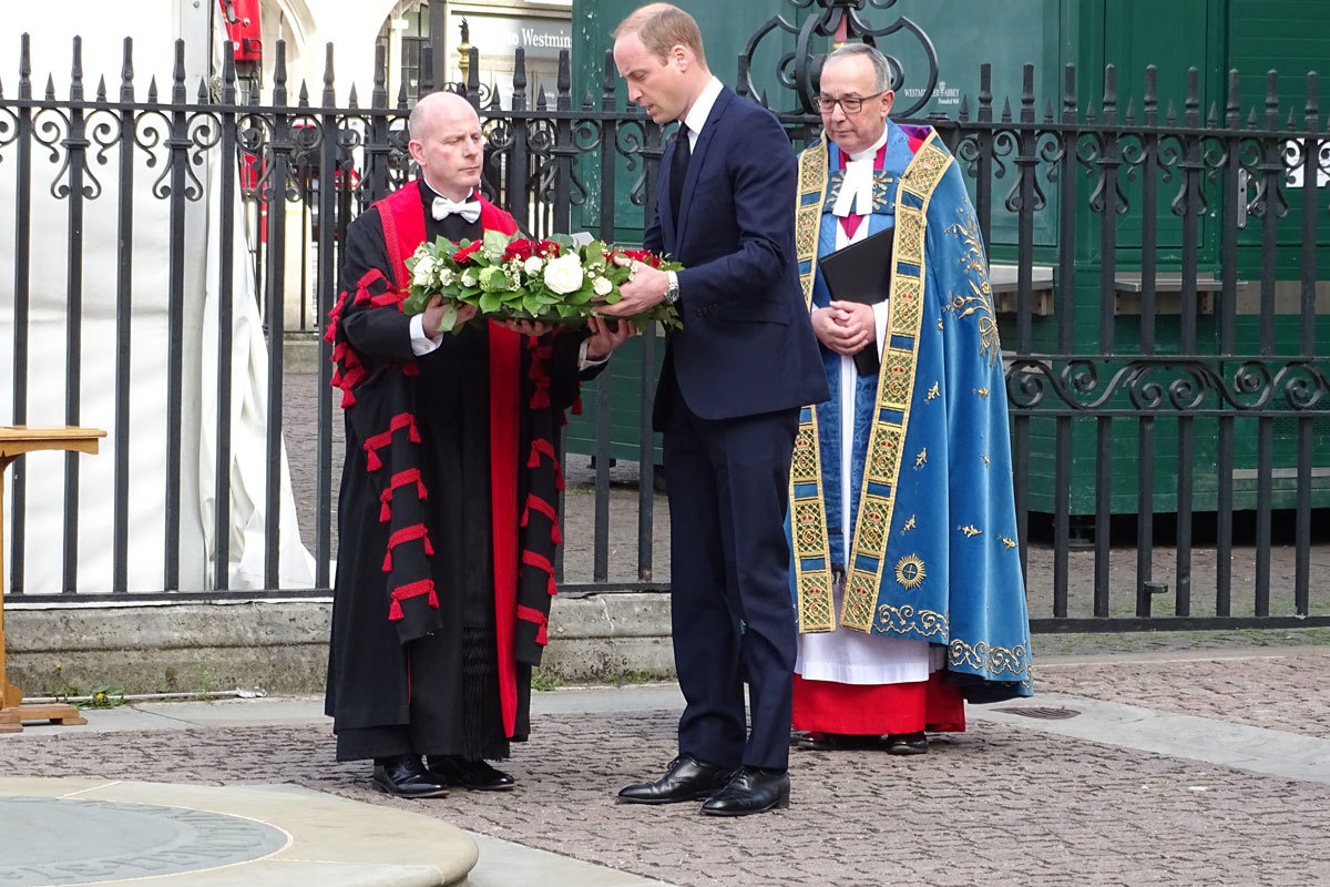 HRH The Duke of Cambridge lays a wreath at the Innocent Victims' Memorial outside Westminster Abbey before the service