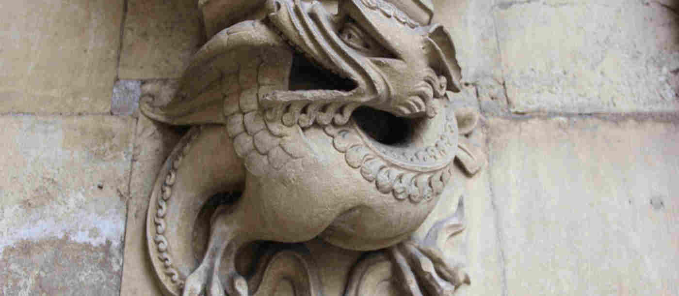 Photograph of a dragon carved into Westminster Abbey to promote the knights and dragon page for families
