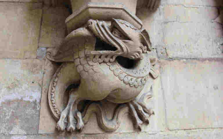 Photograph of a dragon carved into Westminster Abbey to promote the knights and dragon page for families