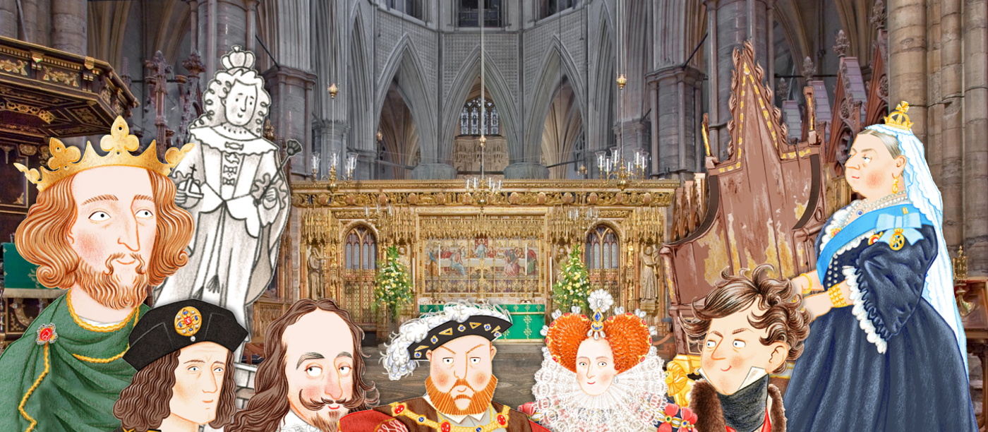 Illustrations of kings and queens throughout history overlaid onto a photograph of the High Altar at Westminster Abbey, representing the Coronation Club