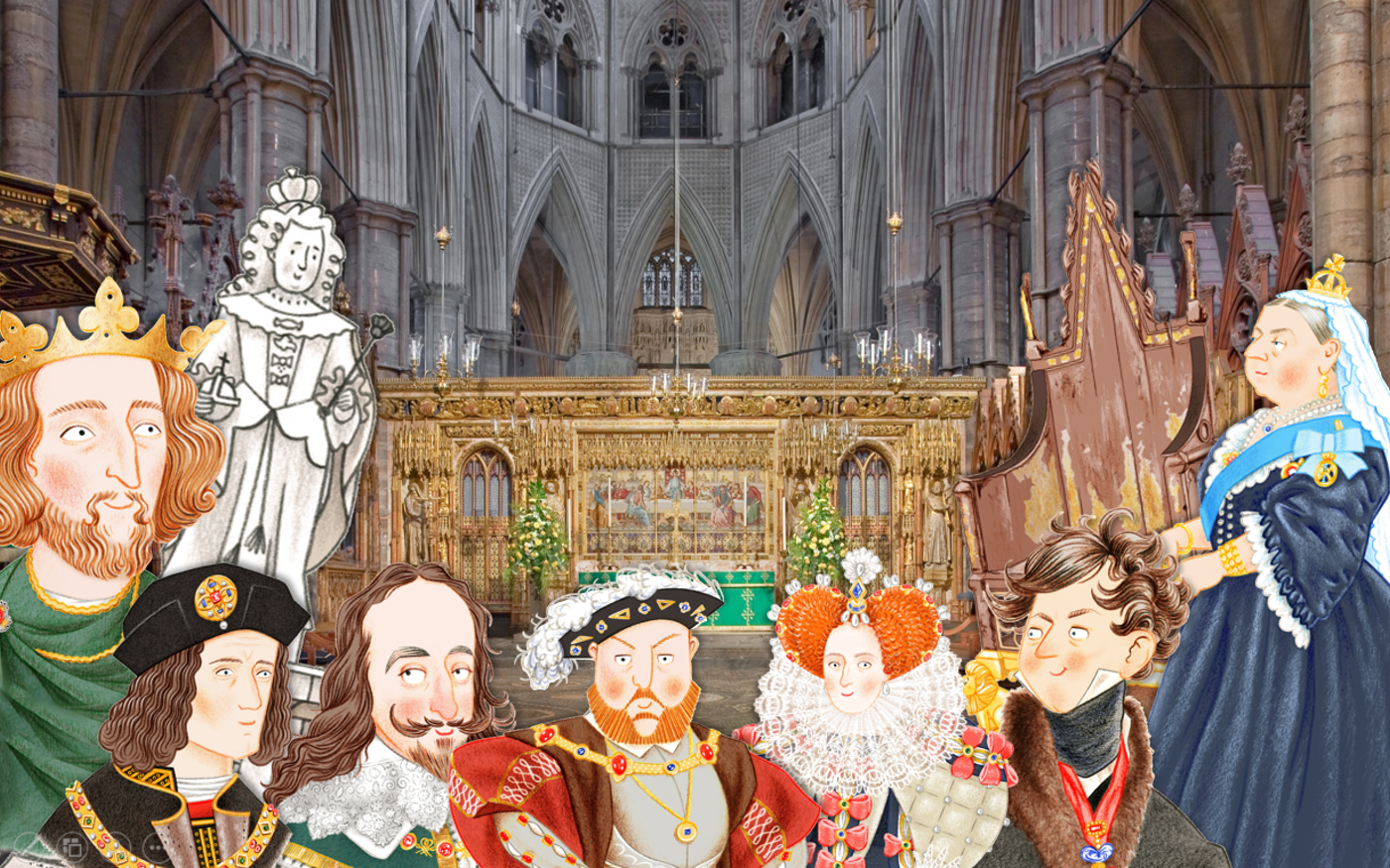 Illustrations of kings and queens throughout history overlaid onto a photograph of the High Altar at Westminster Abbey, representing the Coronation Club