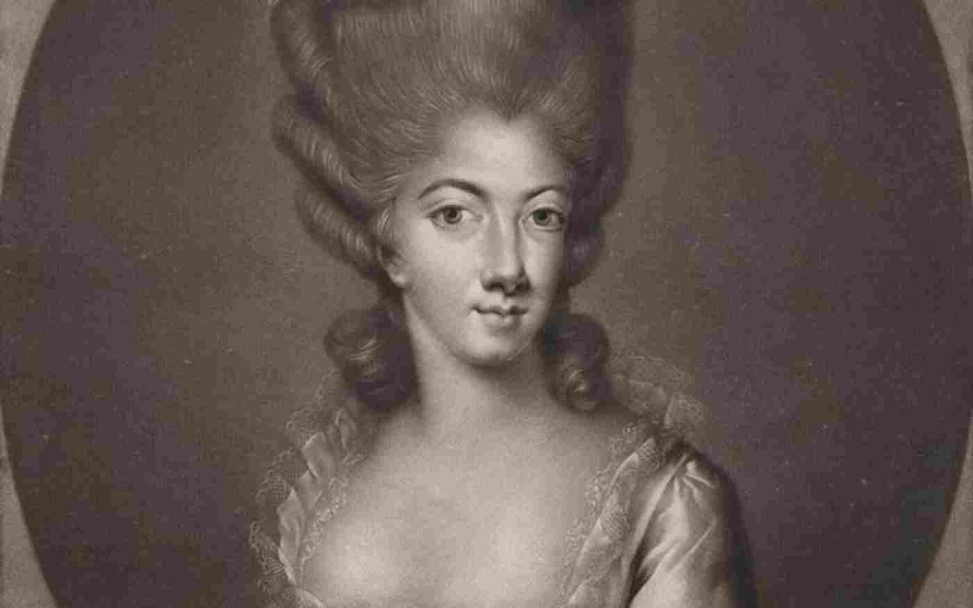 Engraving of Marie of Savoy, Queen of France, her hair in a bouffant style, wearing a dress with a bow
