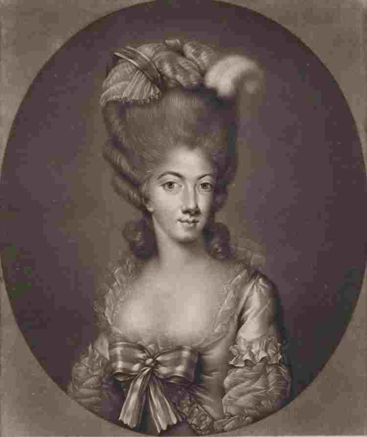 Engraving of Marie of Savoy, Queen of France, her hair in a bouffant style, wearing a dress with a bow