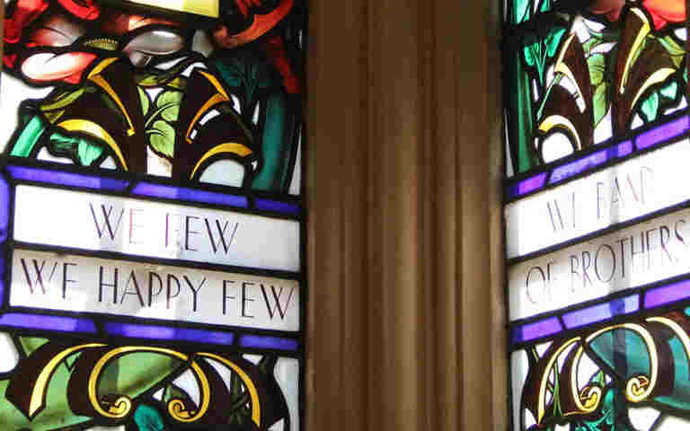 Photograph of RAF Chapel glass quoting Shakespeare representing the Battle of Britain