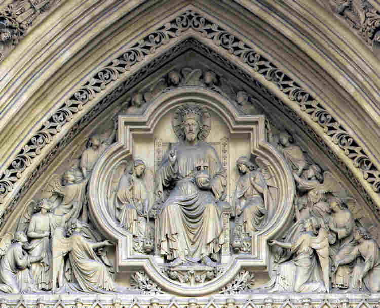 Photograph of stone carving of Christ in Majesty on the North front of Westminster Abbey