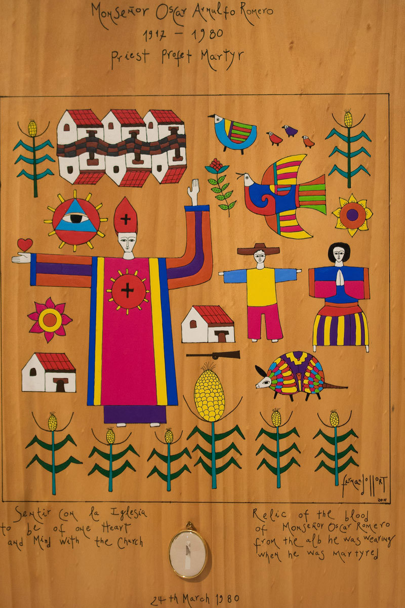 The relic of Archbishop Romero, a piece of the blood-stained alb in which he was martyred, displayed on the High Altar in a reliquary designed by Fernando Llort