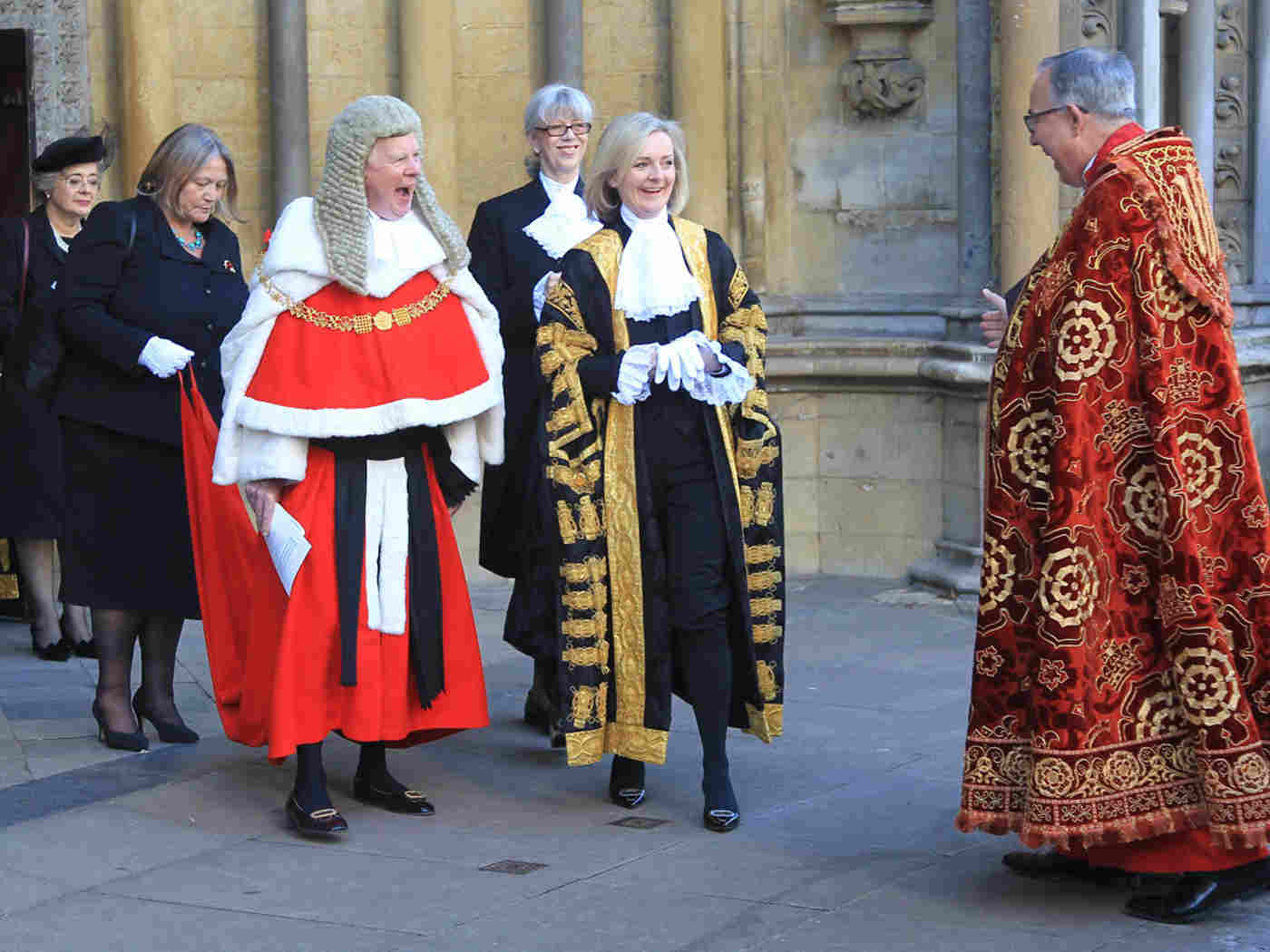 The Right Honourable The Lord Thomas of Cwmgiedd, Lord Chief Justice of England and Wales, and The Lord Chancellor and Secretary of State for Justice, The Right Honourable Liz Truss MP, farewell the Dean of Westminster on their way out of the Abbey