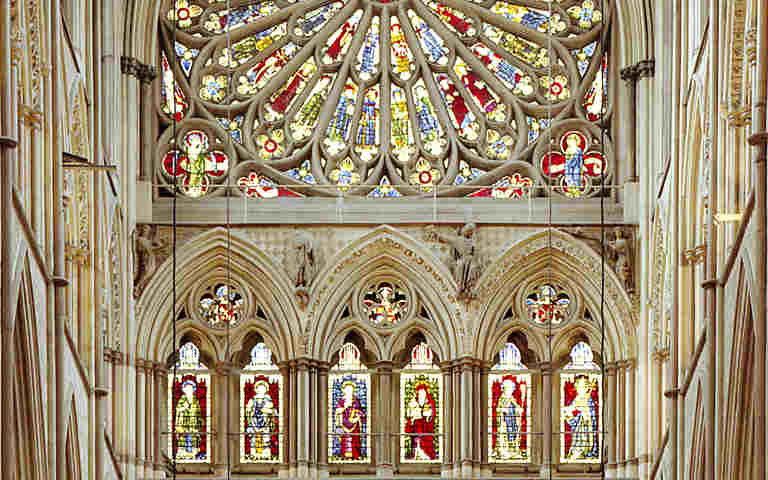 Photograph of the rose window and architecture in the South Transept in Westminster Abbey