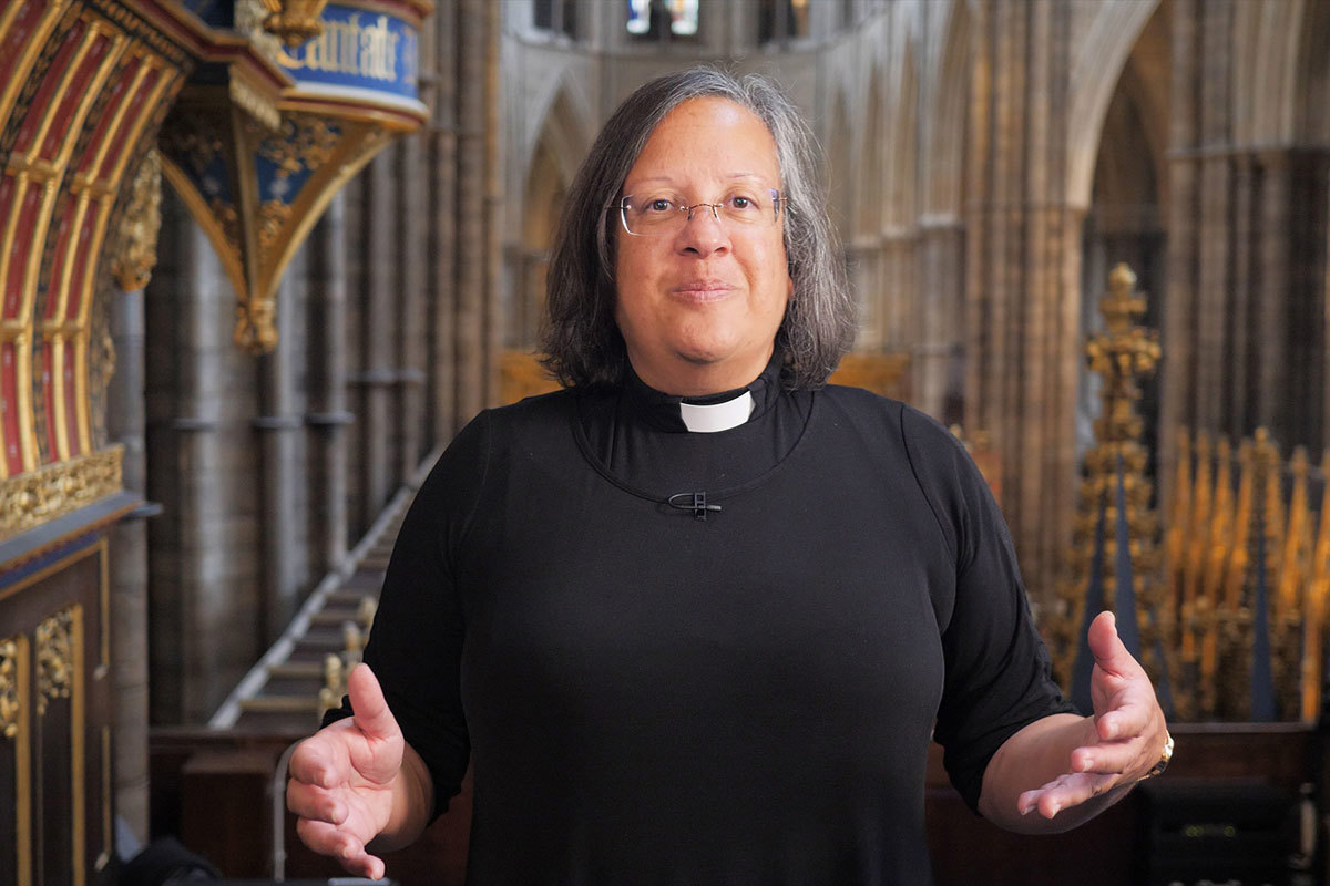Photograph of The Venerable Patricia Hillas talking about the Nature of God, as part of a series of films titled A Priest's Perspective