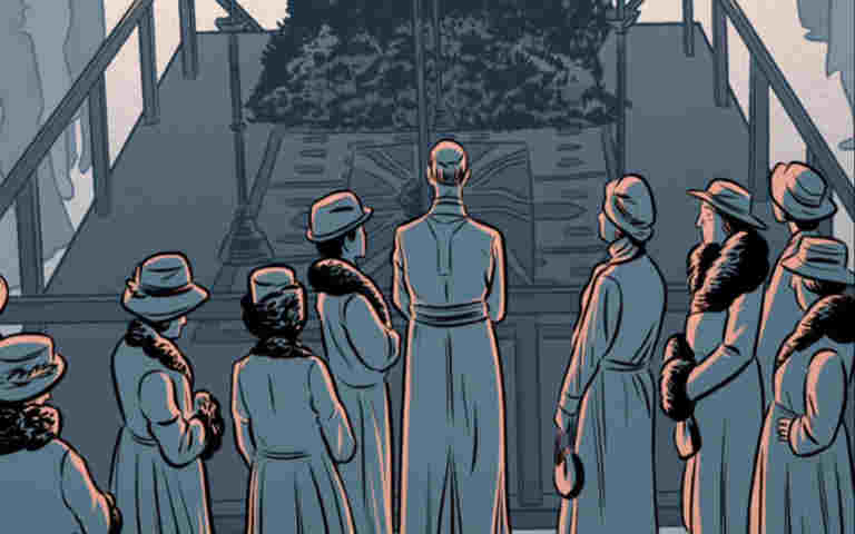 Illustration of mourners at the Grave of the Unknown Warrior in the nave of Westminster Abbey