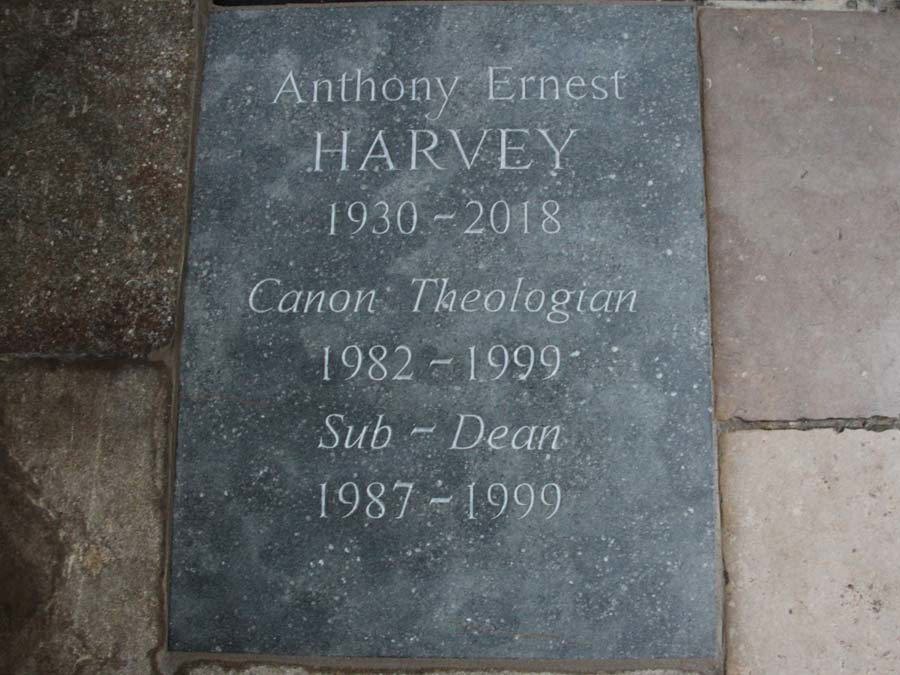 The memorial stone to Canon Anthony Harvey in the Great Cloister