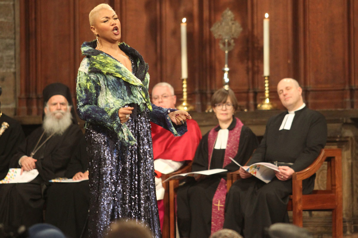 Measha Bruggergosman performs Swing Low, Sweet Chariot and We Shall Overcome