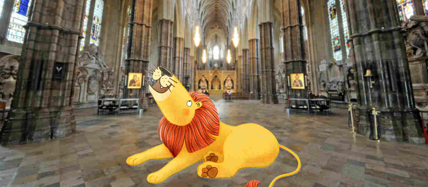 Illustration of a lion overlayed on a photograph of the nave of Westminster Abbey