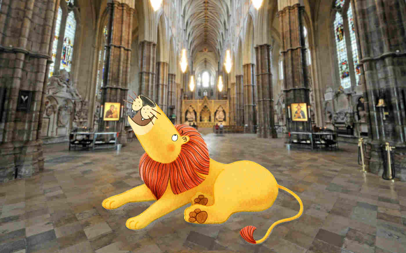 Illustration of a lion overlayed on a photograph of the nave of Westminster Abbey