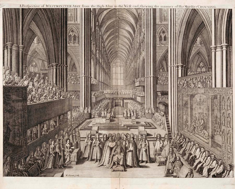 Depiction of the crowning of James II in Westminster Abbey, priests and courtiers around him