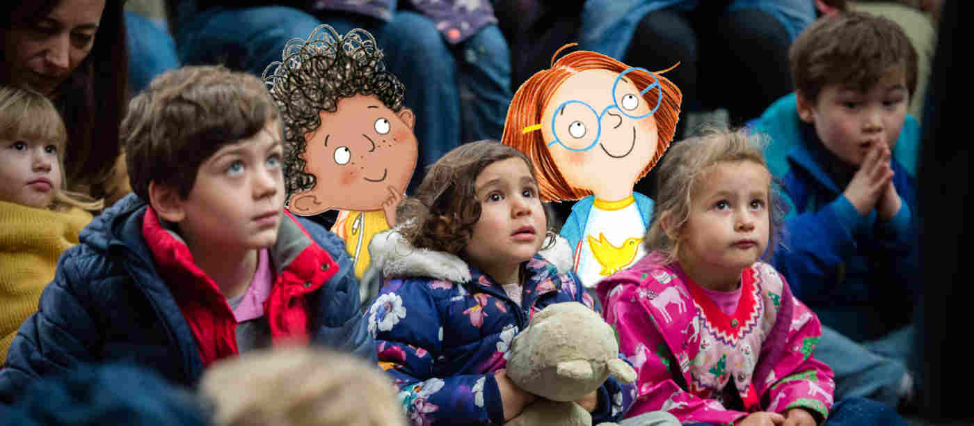 Photograph of children sitting on the floor listening including illustrations of children listening