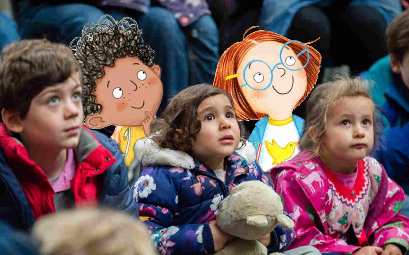 Photograph of children sitting on the floor listening including illustrations of children listening