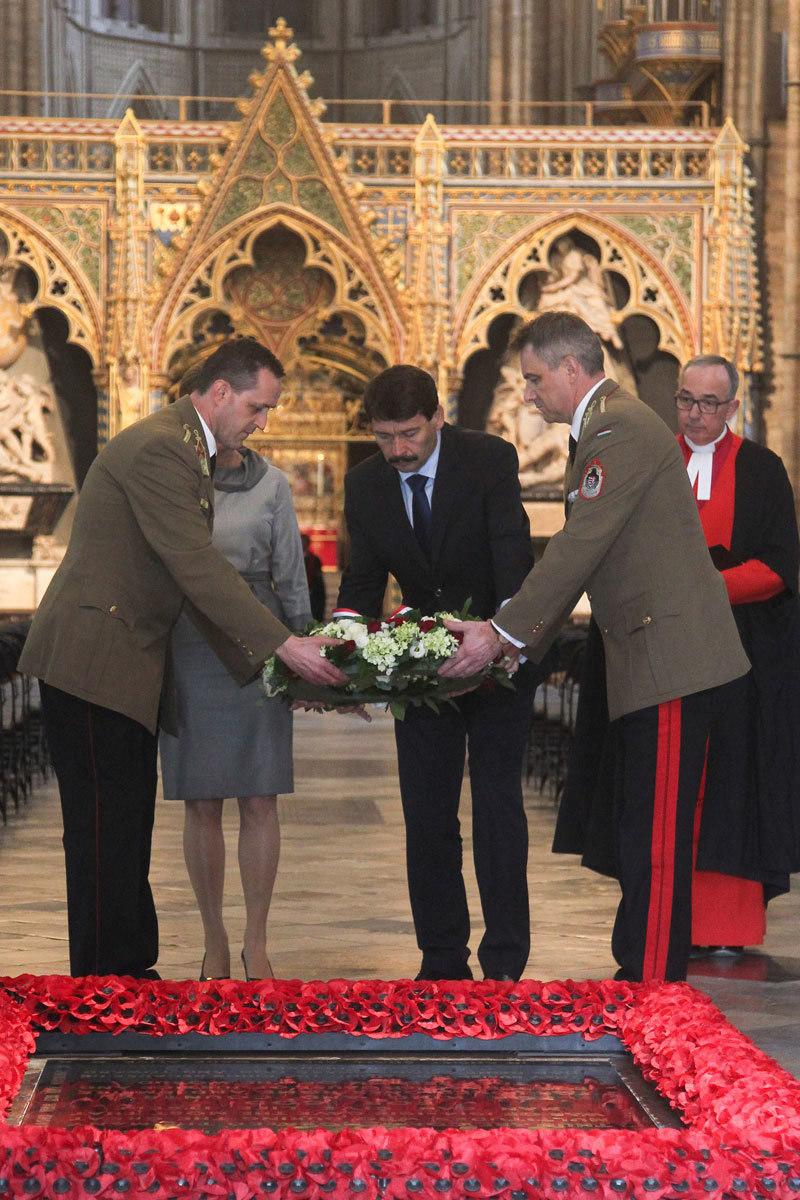 The President of Hungary, Janos Ader lays a wreath at the Grave of the Unknown Warrior by at Westminster Abbey