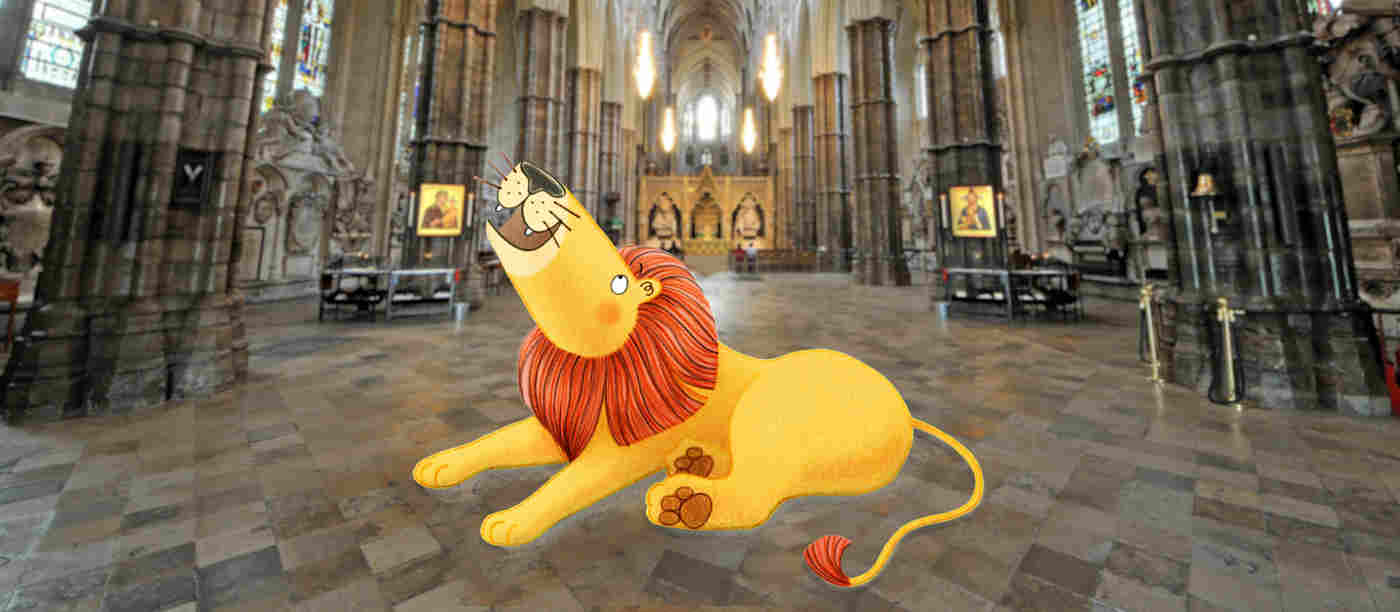 Photograph of the nave of Westminster Abbey with an illustrated lion looking up at the ceiling
