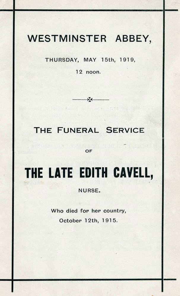 Cover of funeral service paper for Edith Cavell