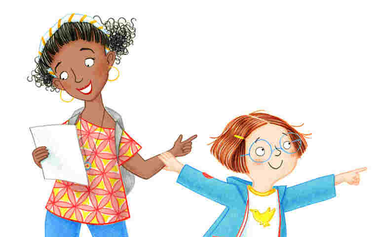 Illustration of mother looking at a piece of paper and daughter pointing