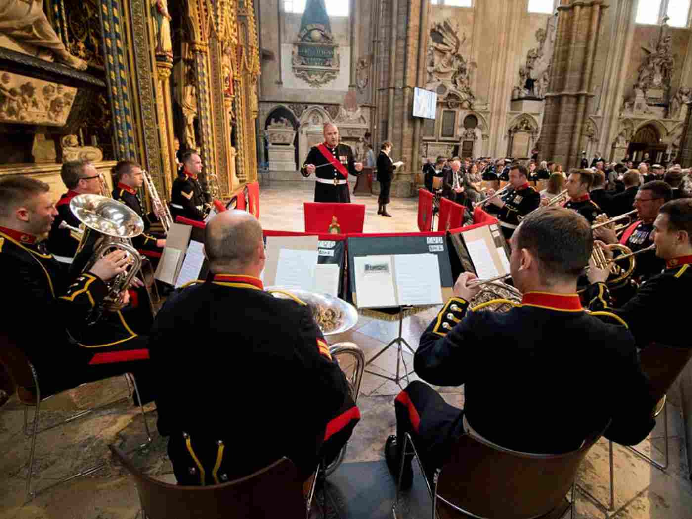 The Band of Her Majesty’s Royal Marines Collingwood plays before the service